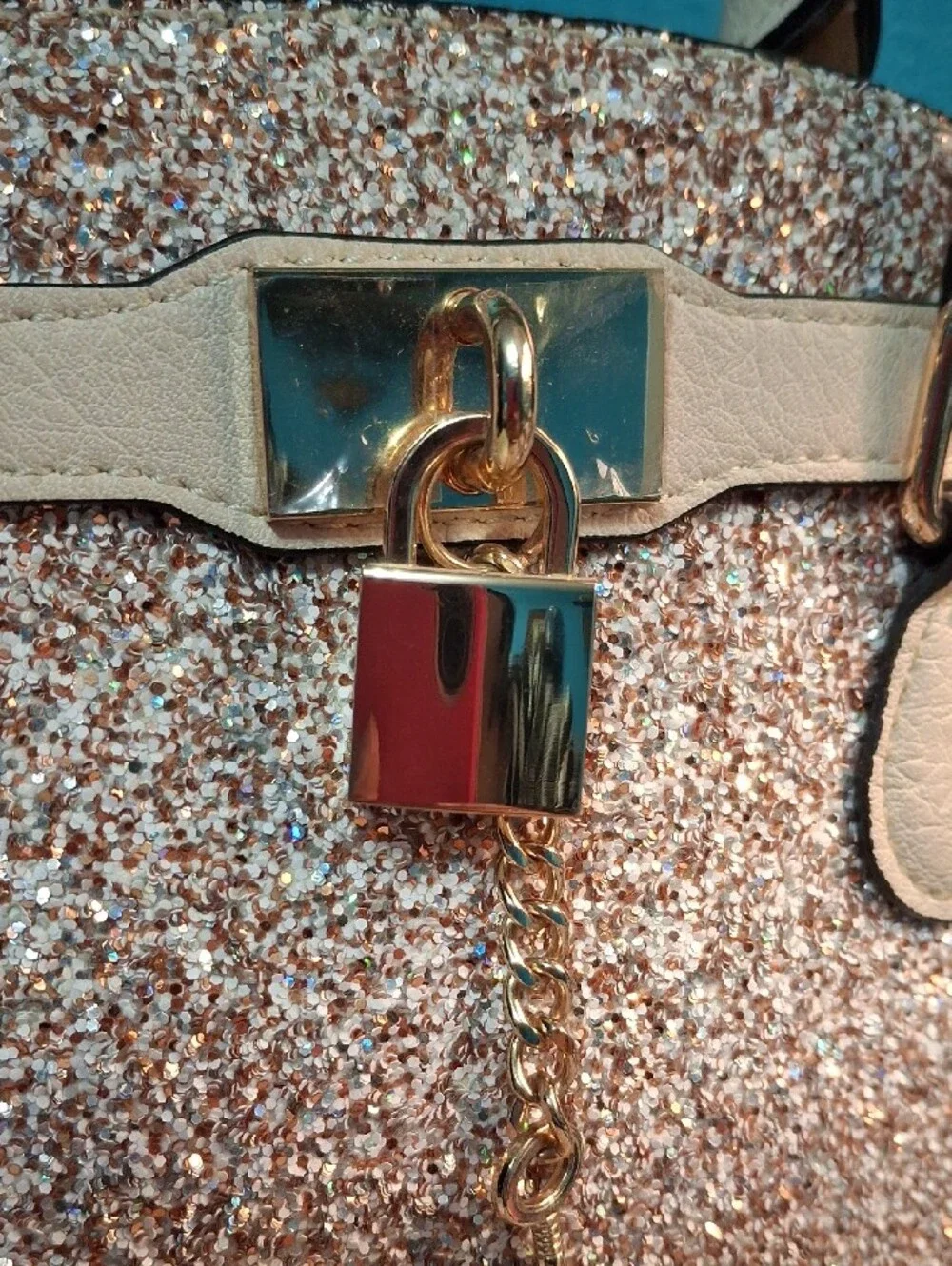 Aldo Rose Gold Glitter Satchel with Cream Handles
